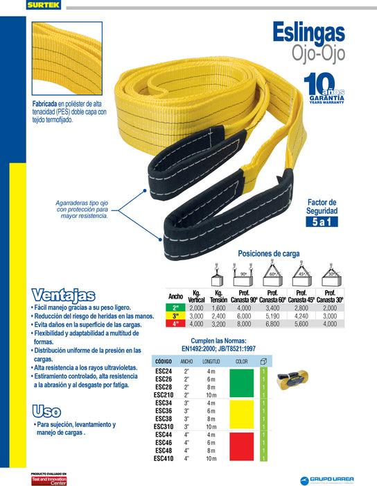 Eslinga de poliéster plana tipo ojo-ojo 4" x 4 m Surtek