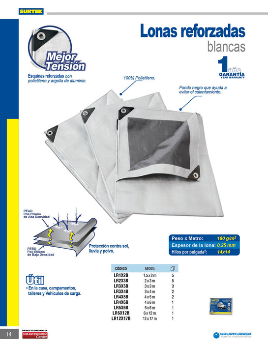 Lona de polietileno reforzada color blanco, 6 x 12 m Surtek