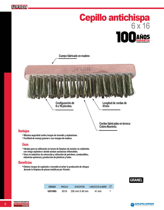 Cepillo de cerdas de bronce-aluminio antichispa con 6x16 filas de pinceles Urrea