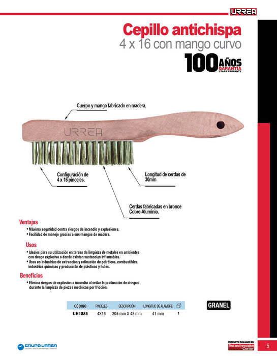 Cepillo de cerdas de bronce-aluminio antichispa con 4x16 filas de pinceles con mango Urrea