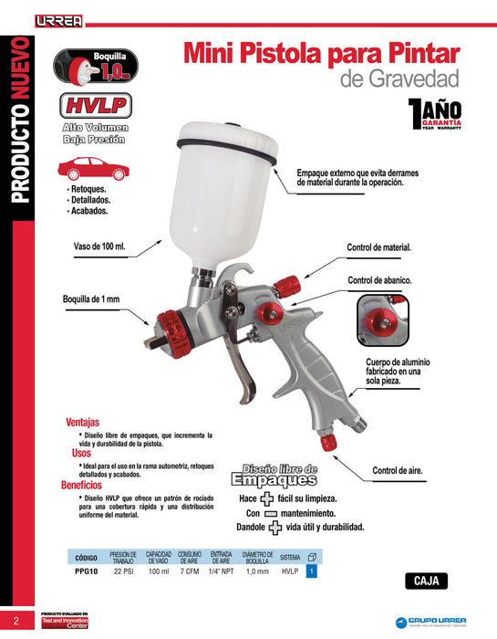 Pistola para pintar con alimentación de gravedad, capacidad 100 ml, 22 PSI Urrea