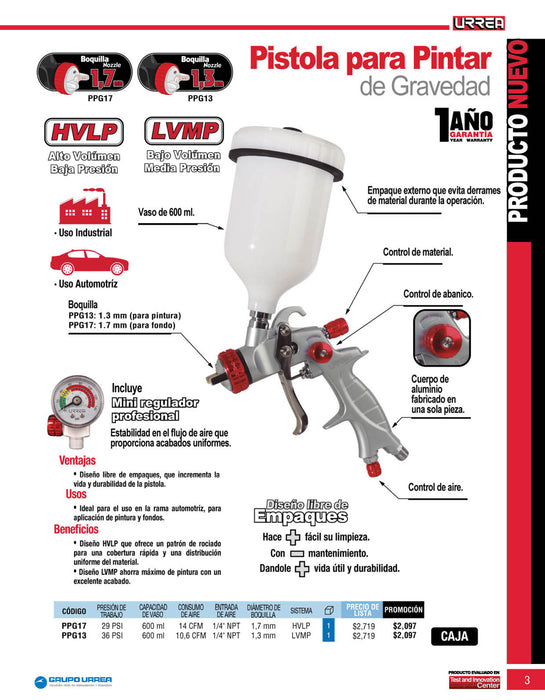 Pistola para pintar con alimentación de gravedad, capacidad 600 ml, 29 PSI Urrea
