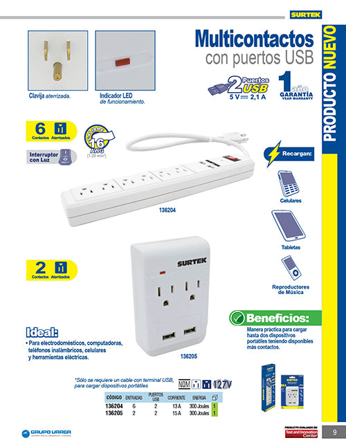 Multicontacto de barra 6 entradas 2 USB cable 50 cm Surtek
