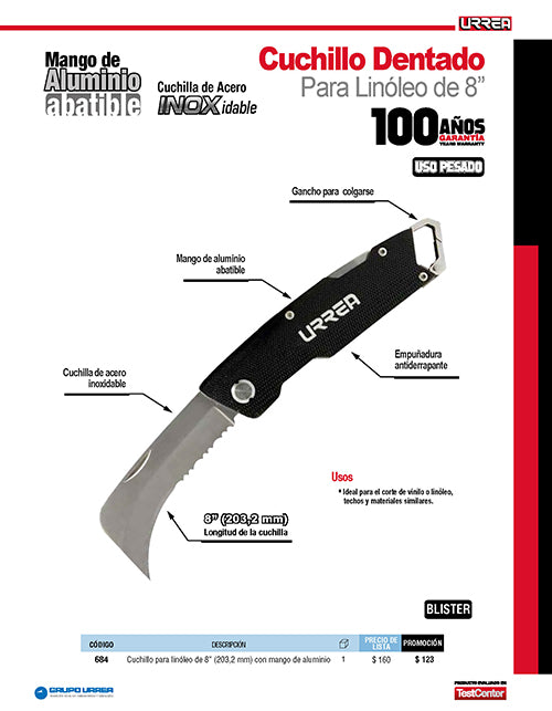 Cuchillo de acero inoxidable con mango acero de 8", para linóleo Urrea