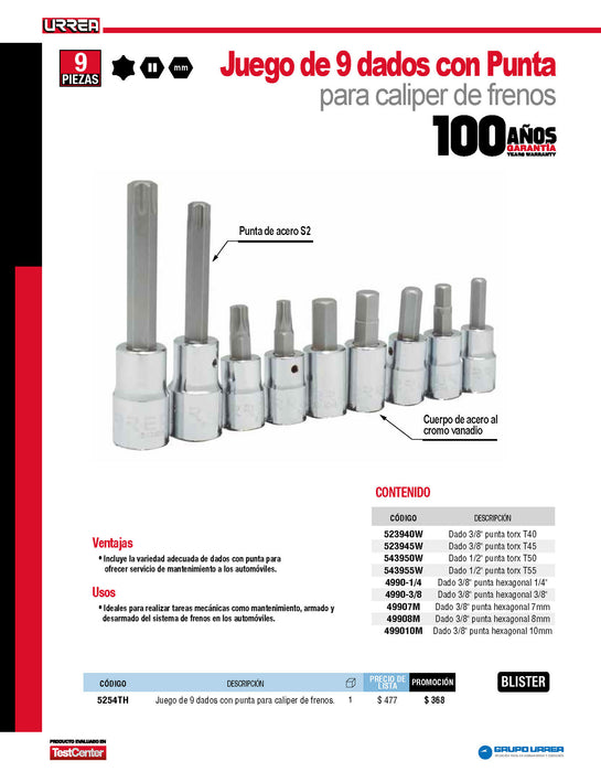 Juego de dados combinados para caliper de freno, 9 piezas Urrea