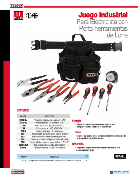 Juego combinado de herramientas para electricista en portaherramientas, 11 piezas Urrea