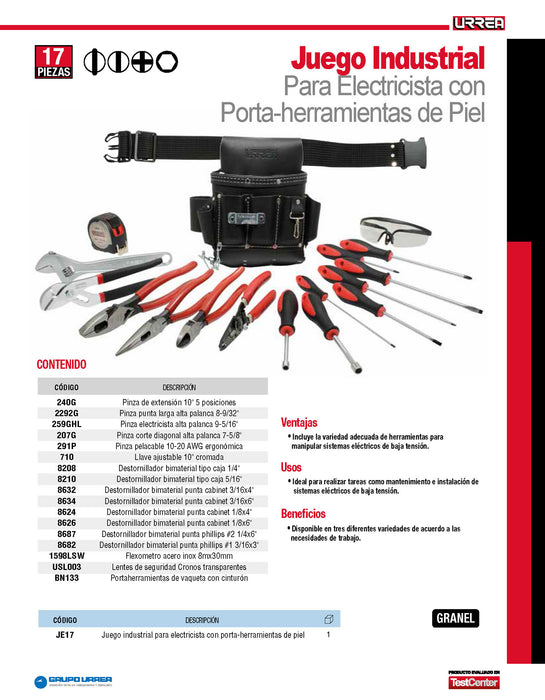 Juego combinado de herramientas para electricista 17 piezas, en portaherramientas Urrea