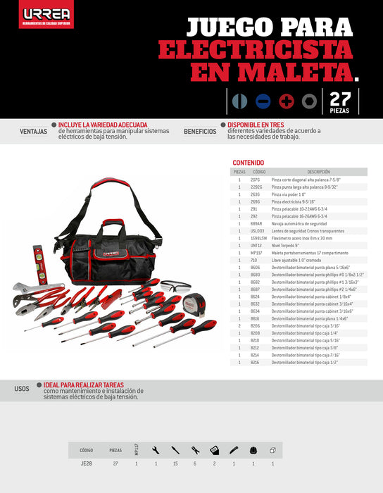 Juego combinado de herramientas para electricista 27 piezas , en maleta Urrea