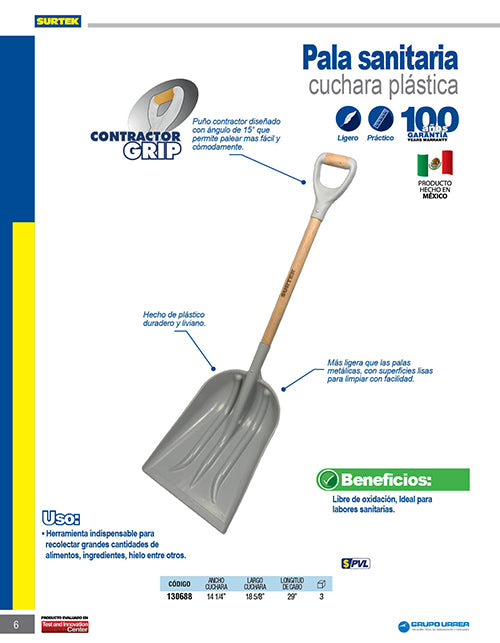 Pala sanitaria con mango de madera con puño contractor grip, cuchara plástica Surtek