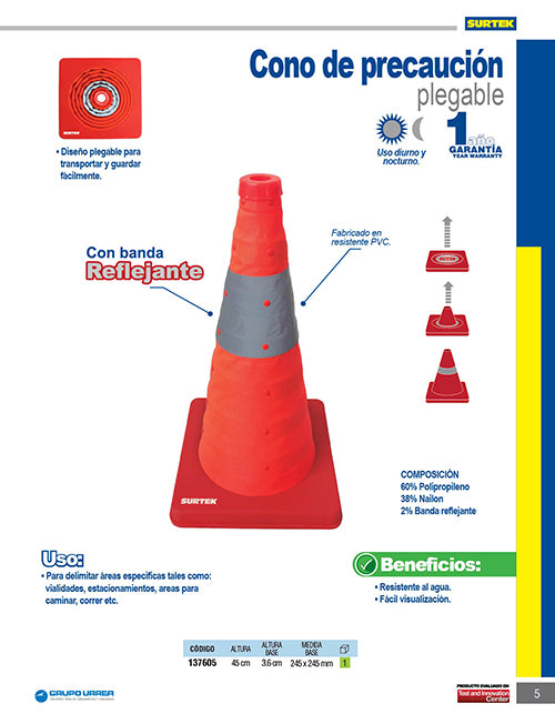 Cono de precaución plegable con banda reflejante, 45 cm Surtek