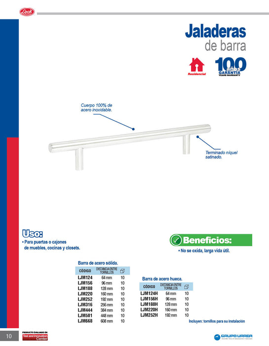 Jaladera de barra sólida 501 mm, acero inoxidable Lock