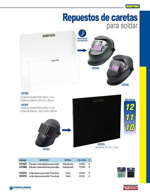 Repuesto de lente para careta 137331 oscuro 10 sombras Surtek
