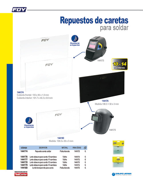 Repuesto de careta para soldar 144175 transparente Foy