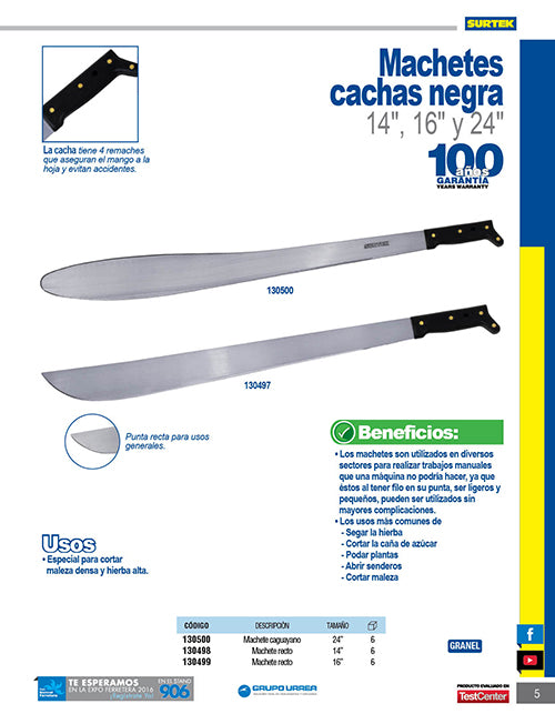 Machete troquelado con mango negro recto 16" Surtek