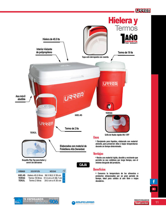 Hielera roja de 50 Lt,  63 x 41 x 36 cm Urrea