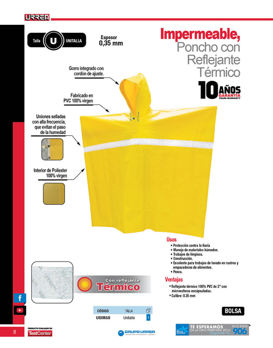 Poncho impermeable con reflejante térmico unitalla Urrea