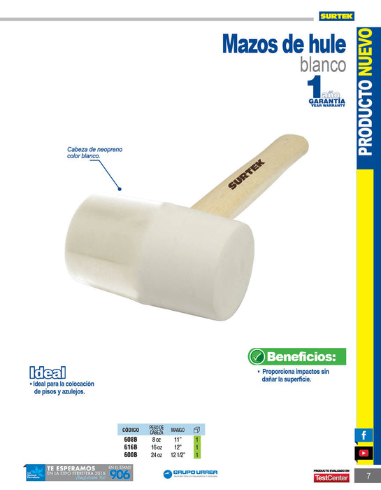 Mazo con cabeza de hule blanco con mango de madera de 14", 16 oz Surtek