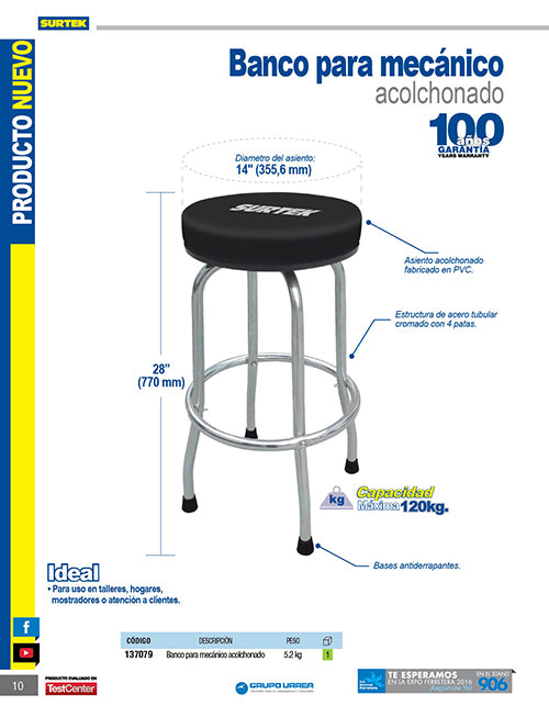 Banco para mecánico acolchonado, 770 mm Surtek