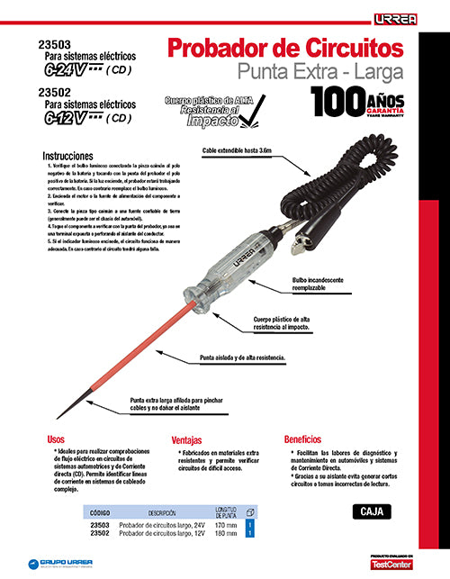 Probador circuitos con punta extra larga, 6-12 V Urrea