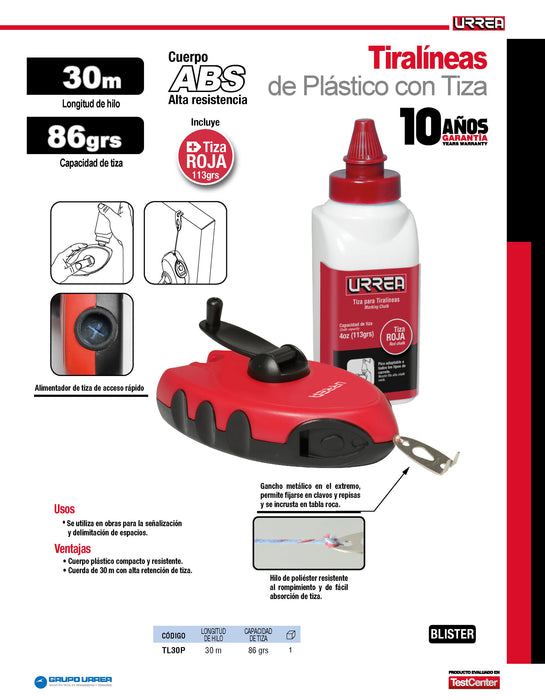 Tiralíneas con cuerpo de plástico 30 m con tiza Urrea