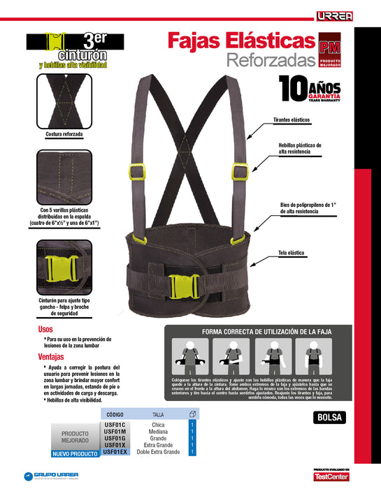 Faja elástica reforzadas con hebillas de alta visibilidad de 3 cinturones M Urrea