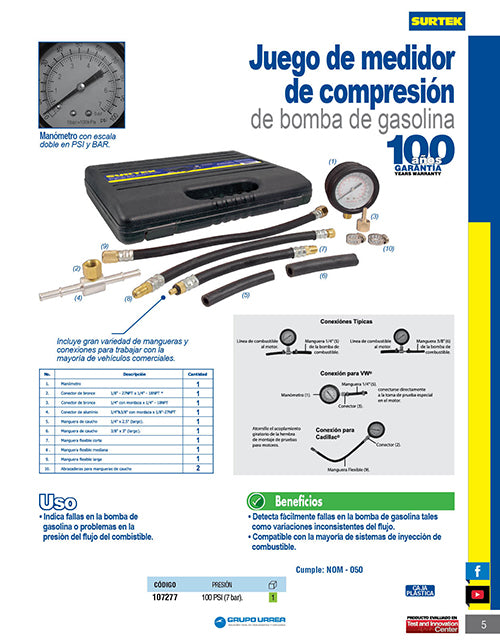 Juego de medición de compresión de bomba de gasolina Surtek