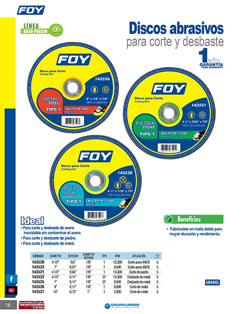 Disco abrasivo tipo 1 para piedra 4-1/2" x 1.2 mm Foy