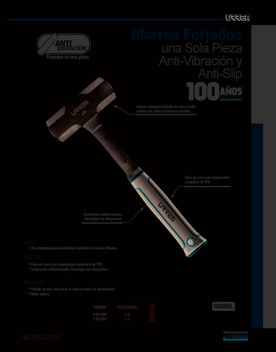 Marro octagonal forjado en una pieza con mango Rubber grip anti-vibración de 12-1/5", 3 lb Urrea