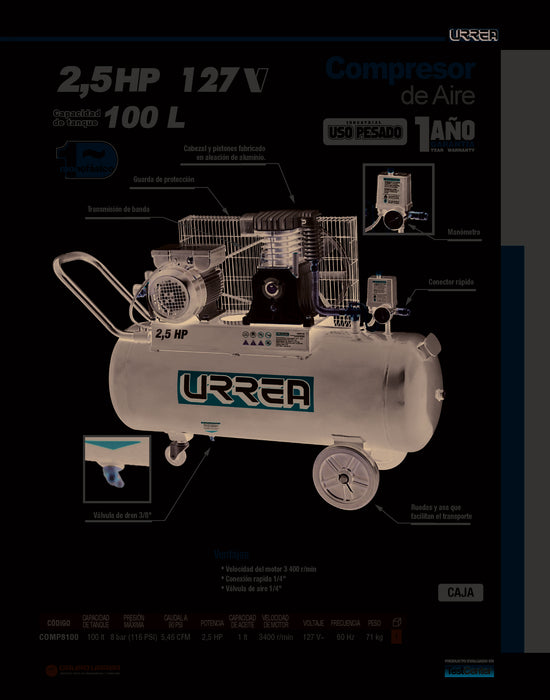 Compresor de aire eléctrico lubricado 100L, 2.5HP, 127V Urrea