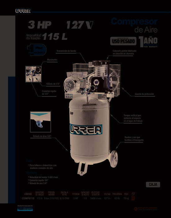 Compresor de aire eléctrico lubricado verticaL, 115L, 3HP, 127V Urrea