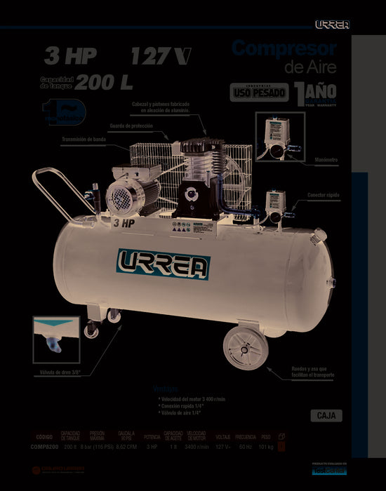 Compresor de aire eléctrico lubricado 200L, 3HP, 127V Urrea