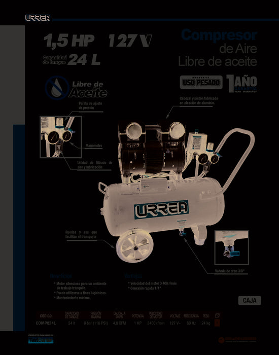 Compresor de aire eléctrico libre de aceite 24L, 1.5HP, 127V Urrea