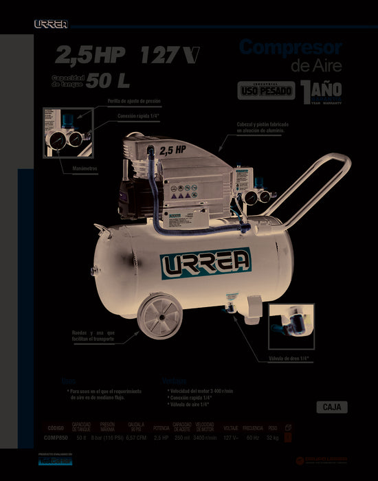 Compresor de aire eléctrico lubricado con pistola y manguera 50L, 2.5HP, 127V Urrea