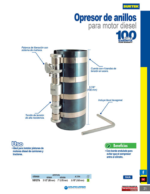 Opresor de anillos para motor de diésel 3-1/2" a 7" Surtek