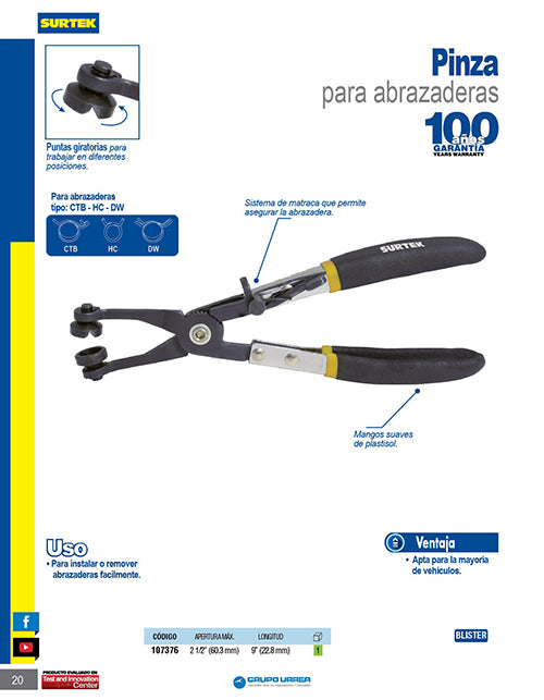Pinza para abrazaderas 2-1/2" Surtek