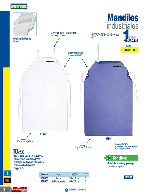 Mandil de PVC dieléctrico color blanco, 1.10 m Surtek