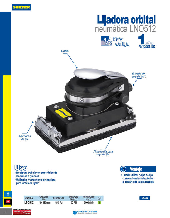 Lijadora neumática orbital 1/2" de hoja 9,000RPM Surtek