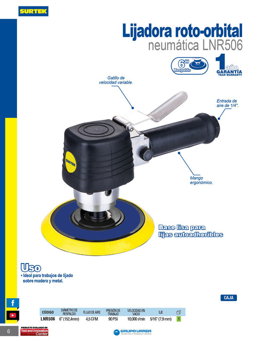 Lijadora neumática rotativa 6" 10,000RPM, eje de 5/16" Surtek