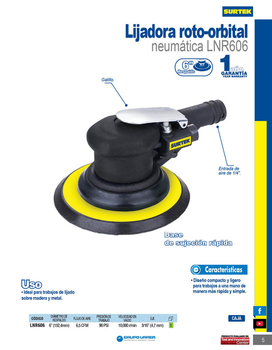 Lijadora neumática rotativa 6" 10,000RPM, eje de 3/16" Surtek