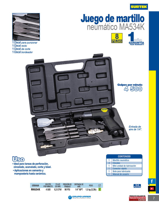 Juego de martillo neumático y accesorios, 5 piezas Surtek