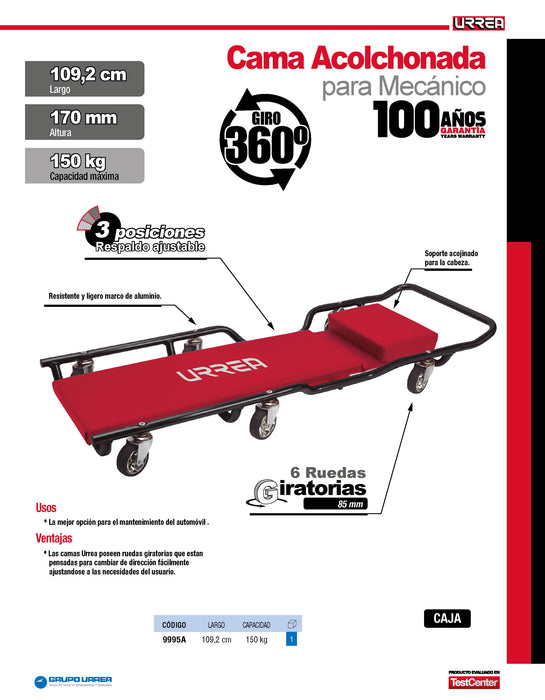 Cama para mecánico acolchonada ajustable 3 posiciones, 6 ruedas giratorias, 43" Urrea