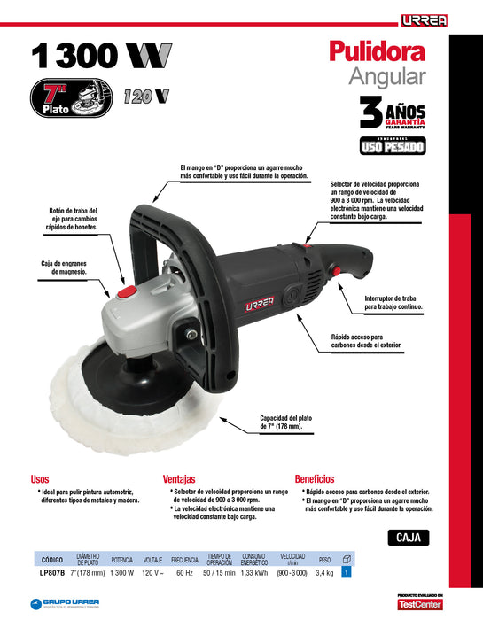 Pulidora angular 7" 1300 W 120 V, 900 - 3000 RPM Urrea