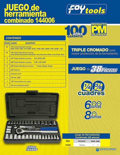 Juego combinado de herramienta 38 piezas, con estuche plástico Foy