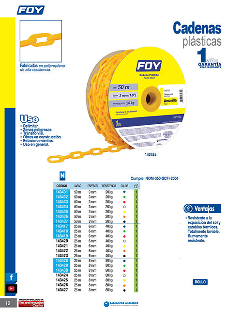 Cadena plástica calibre 3 mm de 50 m, color amarillo Foy