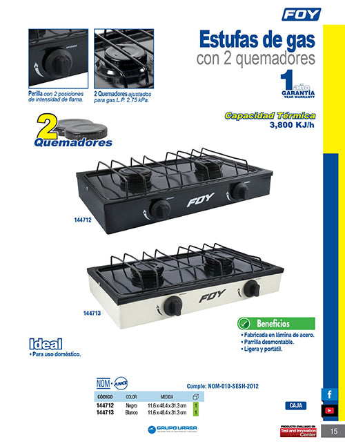 Estufa de gas 2 quemadores color negro Foy