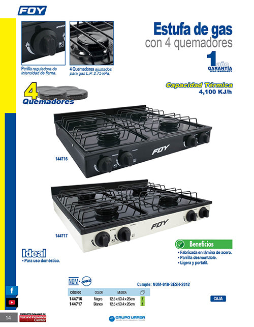 Estufa de gas 4 quemadores color blanco Foy