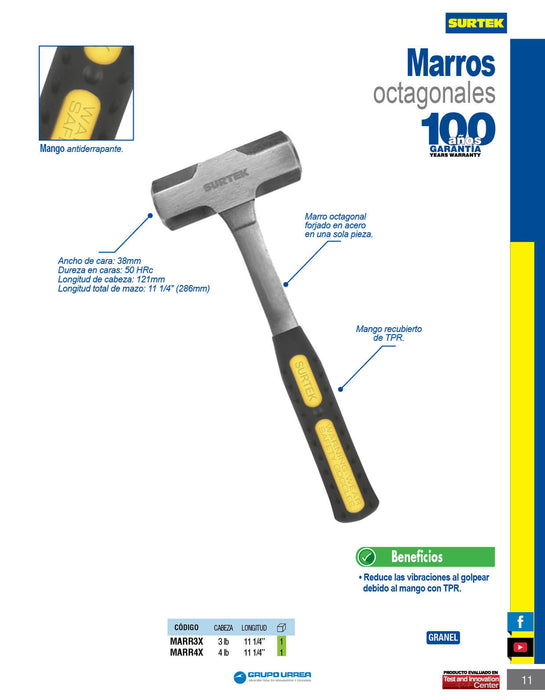 Marro octagonal forjado en una pieza con mango Rubber grip de 9", 4 lb Surtek