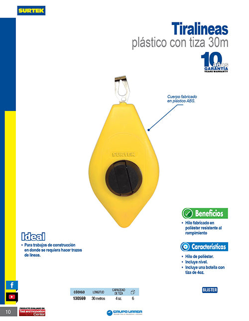 Juego de tiralíneas plástico 30 m, con tiza, 3 piezas Surtek