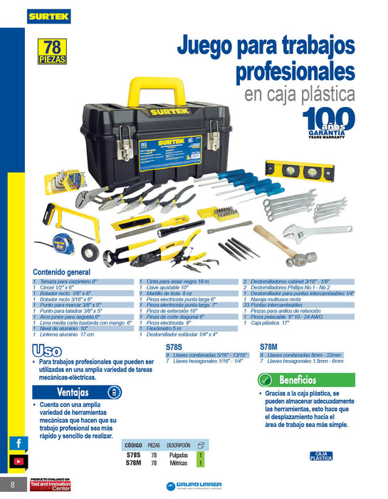 Juego combinado de herramienta 78 piezas, con caja plástica Surtek