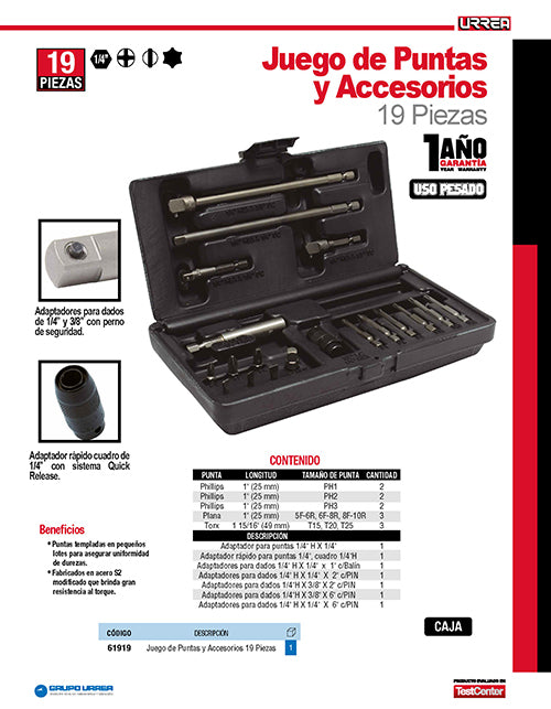 Juego de puntas y accesorios cuadro de 1/4", 19 piezas en caja plástica Urrea